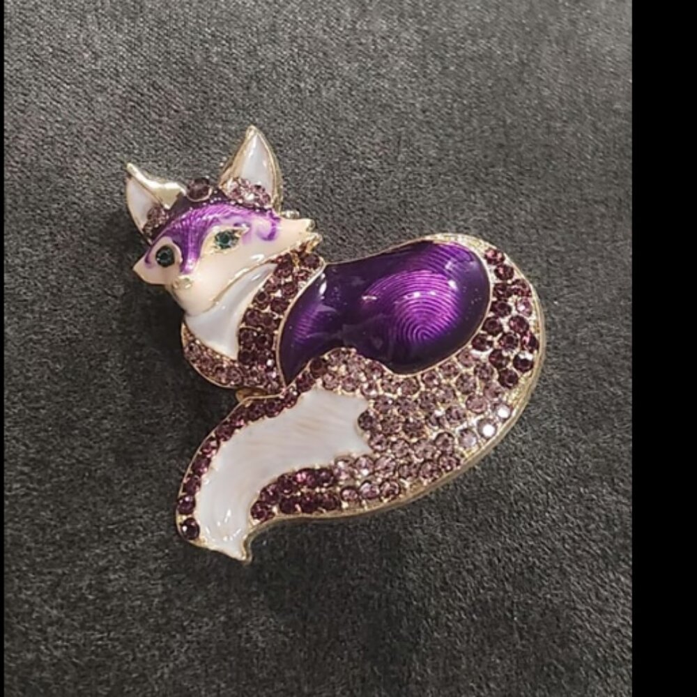 Purple Enamel Rhinestone Fox Brooch